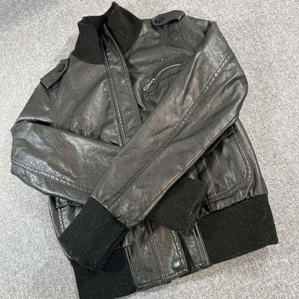 River Island Black Faux Leather Bomber Jacket Womens Medium Moto Zip